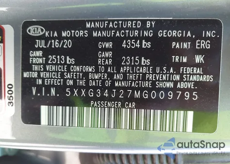 2021 Kia K5 Ex z USA, uszkodzony, nr VIN 5XXG34J27MG009795